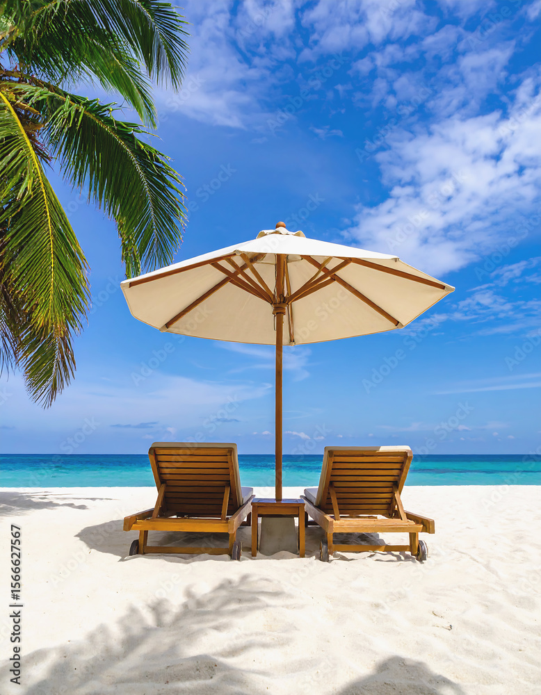 Fototapeta premium Tropical Beach Relaxation: Two wooden lounge chairs sit under a large beach umbrella on a pristine white sand beach, with a palm tree in the background. The ocean is calm and clear.