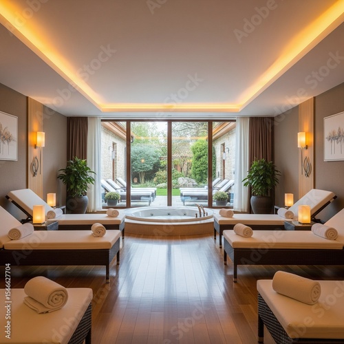 Serene spa room featuring lounge chairs, a hot tub, and a garden view creates a relaxing and tranquil environment.
