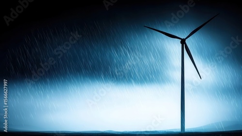 Dark Stormy Landscape with Wind Turbine and Rain Effects