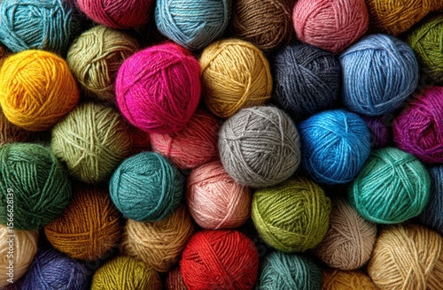 Colorful yarn balls create a vibrant tapestry of texture and hues, perfect for crafting projects and textile designs.
