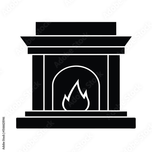 Black and White Fireplace with Flames Vector Silhouette Illustration