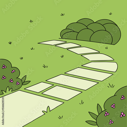 Garden path with clean, straight stones surrounded by greenery  