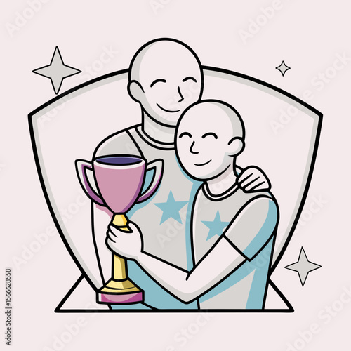 Two men celebrating victory while holding a trophy together  