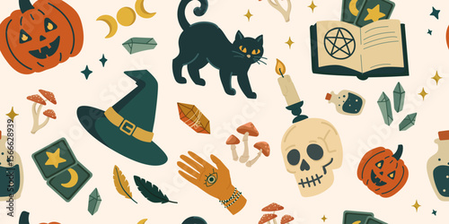 Seamless Halloween pattern featuring magical elements like black cats, skulls, pumpkins, witch hats, potions, and spell books, for seasonal designs, packaging, party invitations, textile print. Vector