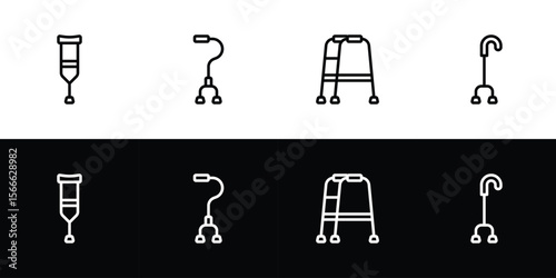 Crutches icon set. Flat design symbol collection isolated on black and white background.