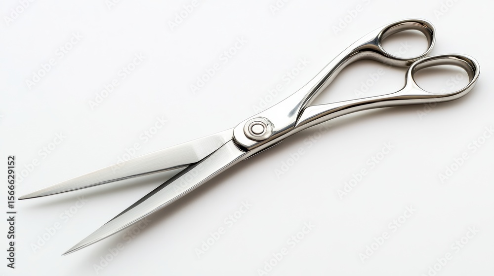 Obraz premium A pair of shiny, stainless steel scissors with sharp pointed blades on a plain white background.