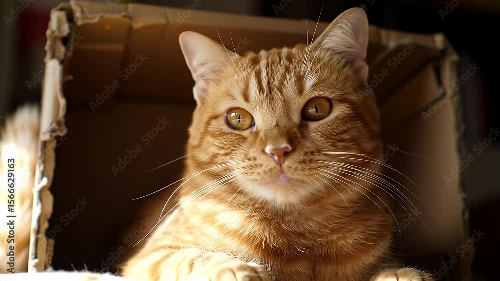 Orange Tabby Cat Relaxing Inside a Brown Cardboard Box with Soft Lighting and Stripped Patterns Orange Tabby Cat Relaxing Inside a Brown Cardboard Box with Soft Lighting and Stripped Patterns