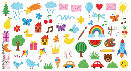 Colorful Child's Drawings of Everyday Objects and Activities