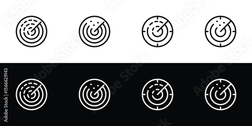 Radar display icon set. Flat design symbol collection isolated on black and white background.