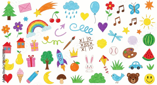 Colorful Hand-Drawn Collection of Various Objects and Symbols in a Playful Style