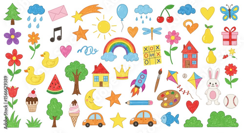 Colorful Childlike Drawings: Whimsical Collection of Trees, Flowers, Animals, and Objects