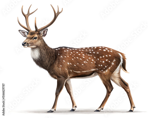 A side view of a sika deer with antlers and white spots on its brown fur standing on a white background