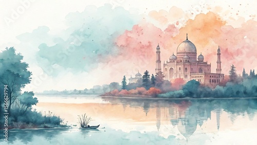 Serene Watercolor Painting of a Majestic Palace by the Lake at Sunset