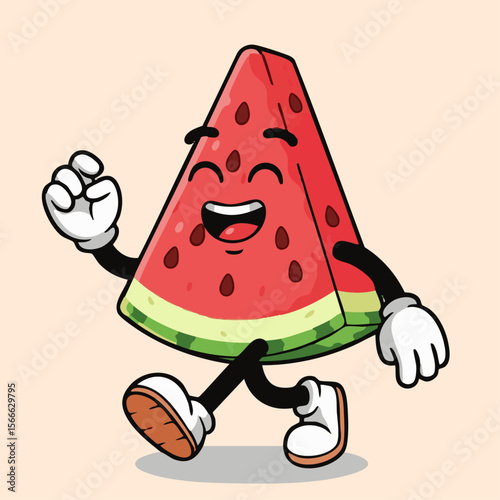 Happy Watermelon Slice Mascot Walking and Smiling