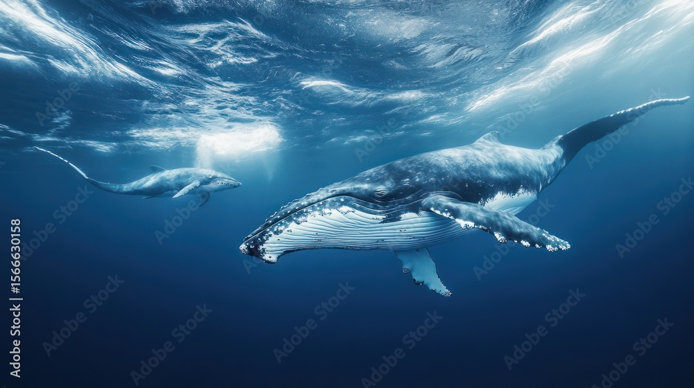 Naklejka premium Two humpback whales swim in the deep blue ocean, light shimmering on the water surface