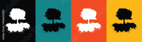 Tree with visible roots on colorful backgrounds silhouette black