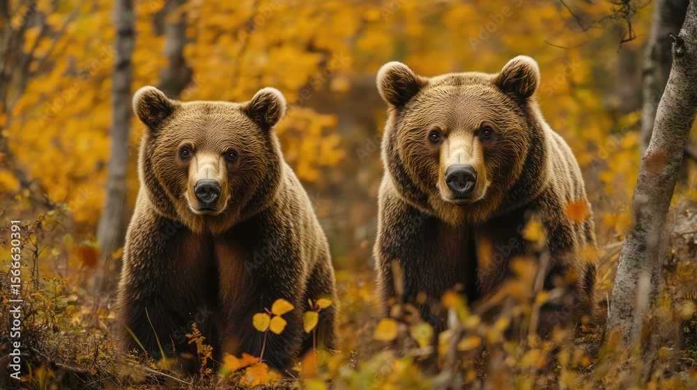 Fototapeta premium Two brown bears stand amid autumn leaves and trees in a forest, facing the camera