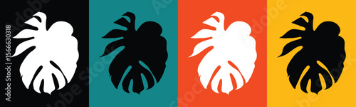 Monstera leaf silhouettes on vibrant color blocks black white