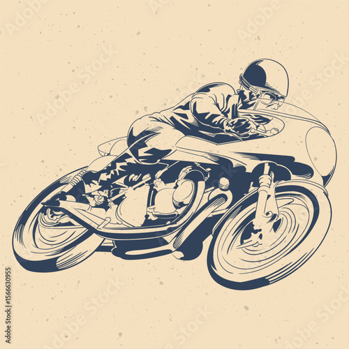 Retro illustration of classic motorcycle racer speeding in action hand drawn vintage motorbike artwork