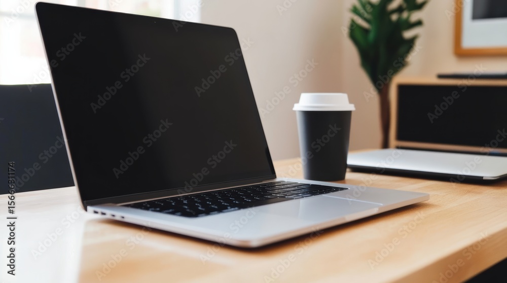 Fototapeta premium Sleek laptop and black coffee cup on a wooden desk in a modern, minimalistic workspace with plants and framed art in the background.