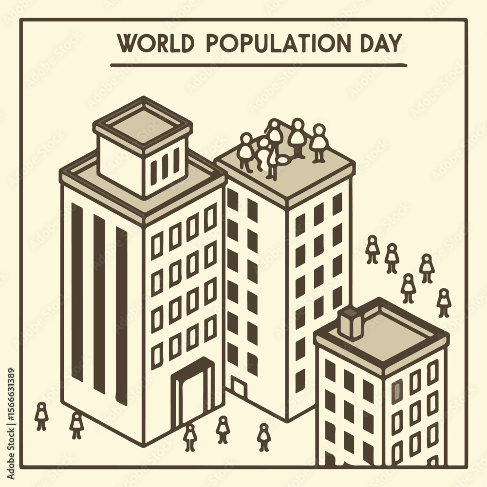 Obraz premium Crowded City Skyline – Urban buildings packed with tiny human figures world population day illustration