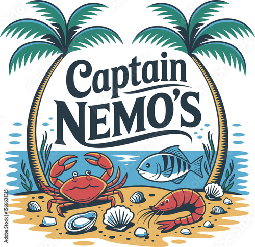 A colorful logo for "Captain Nemo's" seafood restaurant featuring a beach scene with palm trees, a crab, fish, shrimp, and shells.
