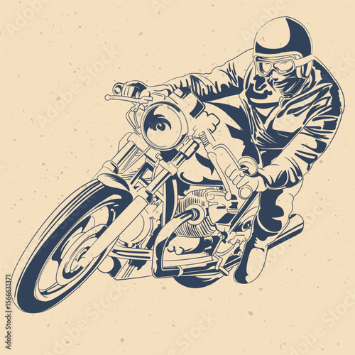 High angle retro illustration of motorcycle rider leaning aggressively into a turn wearing helmet and goggles