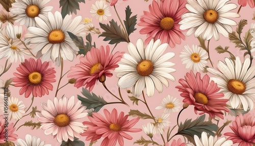 Wallpaper Mural floral daisies seamless pattern on light pink background Torontodigital.ca