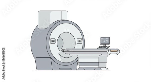 Vector illustration of a modern MRI machine with a connected computer and table
