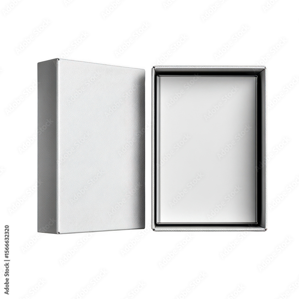 Fototapeta premium Open white textured box with silver trim isolated on transparent background