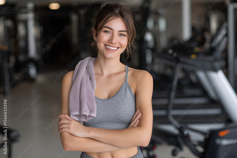 Fototapeta premium A woman is smiling and holding a towel in a gym