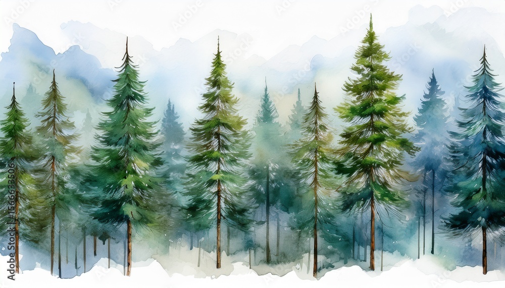 Fototapeta premium watercolor painting of pine trees in forest nature landscape image digital watercolor illustration art for wall