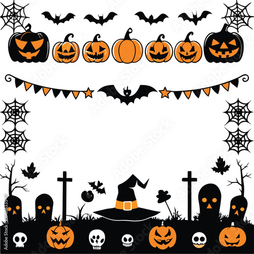 happy Halloween text and banner design and elements design  or ribbon set vector and illustration