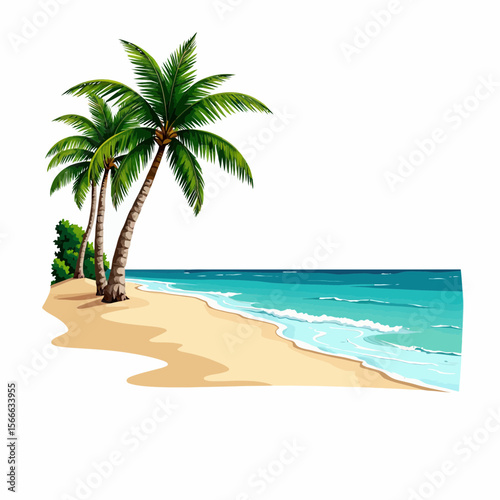 Tropical beach with palm trees and ocean waves against white background  