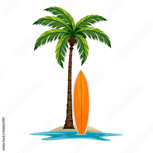 Palm tree with surfboard on sandy beach by the water  