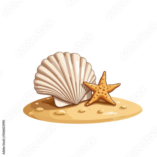 Shell and starfish resting on sandy beach background  