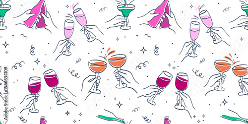 Seamless pattern with hand drawn lines of wine glasses, champagne glasses, cocktails, clink hands, for holiday designs, party invitations, New Year cards, packaging, festive backgrounds. Vector