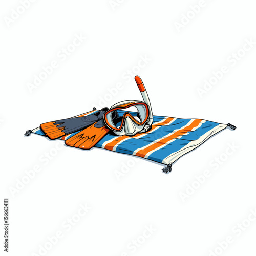 Snorkeling gear with mask and fins on striped beach towel  