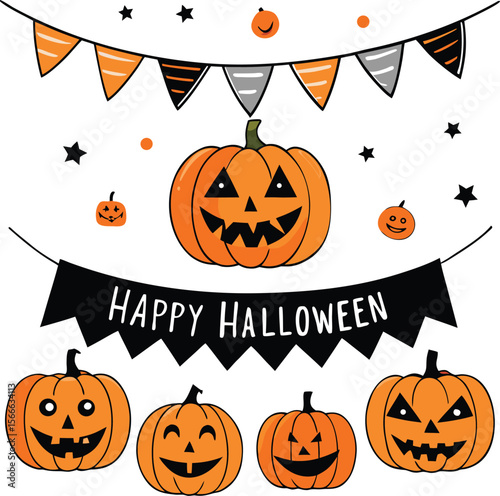 happy Halloween text and banner design and elements design  or ribbon set vector and illustration