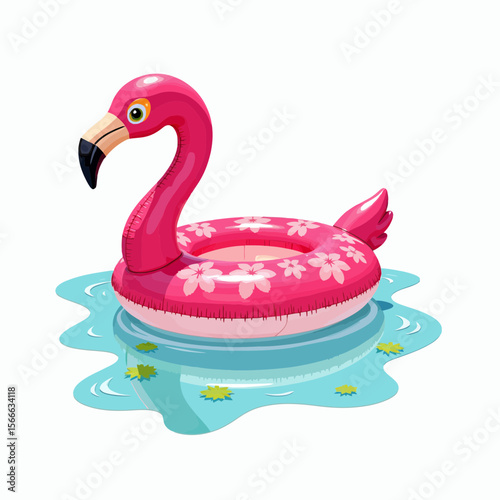 Pink flamingo inflatable pool float on water surface with flowers  