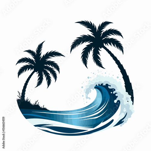Tropical palm trees with ocean wave in minimalist blue design  