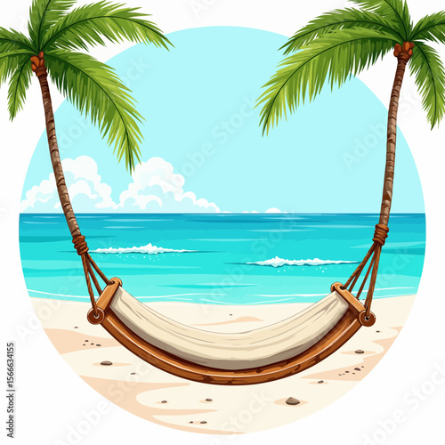 Tropical hammock hanging between palm trees on sandy beach  