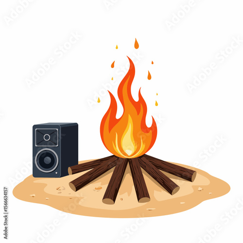 Campfire with flames and speaker on sandy ground  