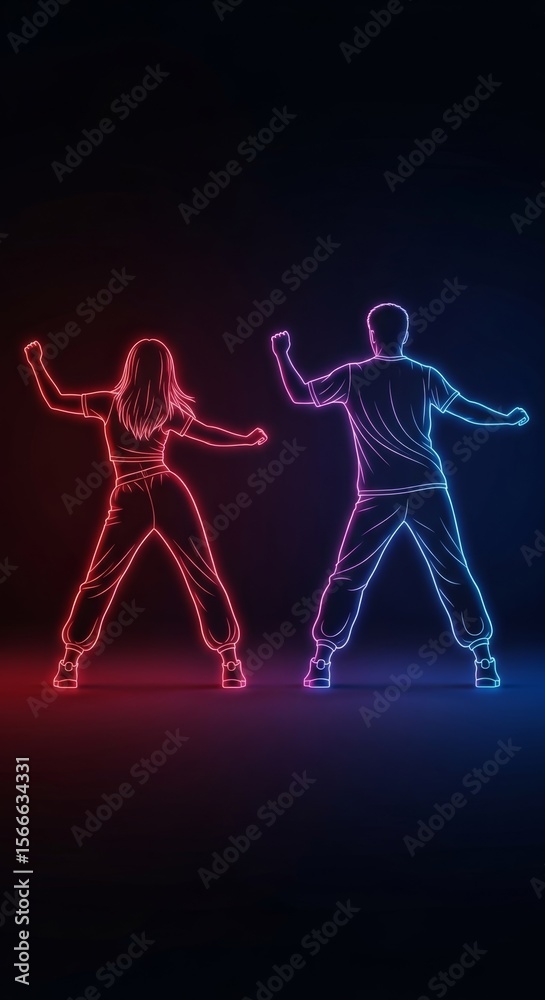 Fototapeta premium Two dancers are performing with red and blue neon lights, creating a vibrant and energetic atmosphere, suggesting themes of nightlife, entertainment, and artistic expression