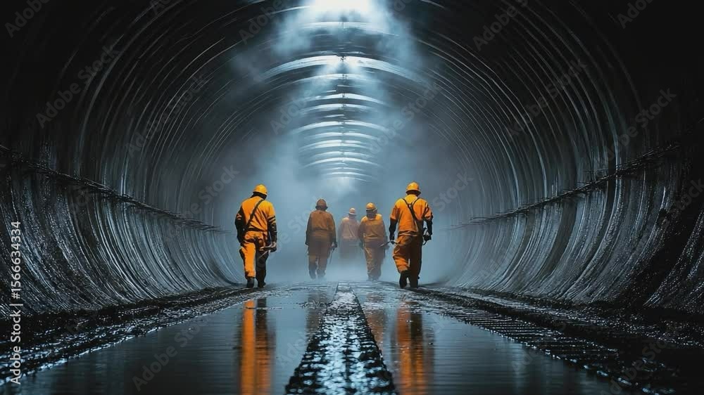 Into the Abyss: A group of workers in protective suits navigate a dark, futuristic tunnel, their figures silhouetted against the dim, industrial backdrop.