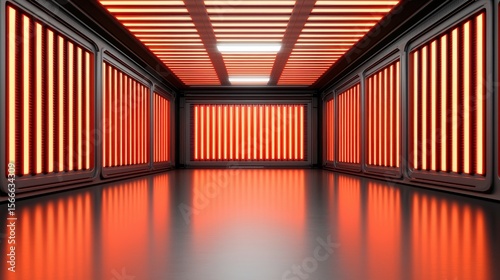 Futuristic Empty Room with Red Neon Lighting and Reflective Floors