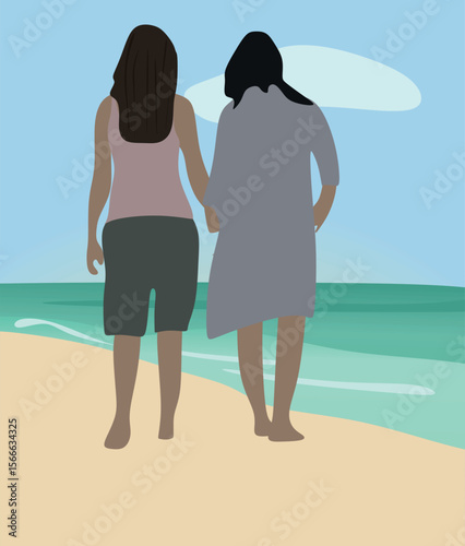 Gay couple beach walk. vector illustration