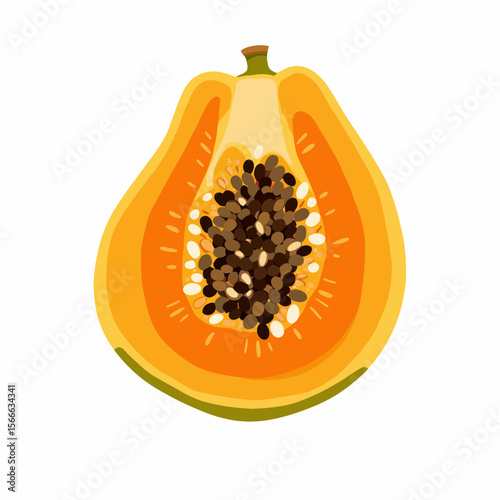 Half of ripe papaya with seeds and orange flesh on white background  