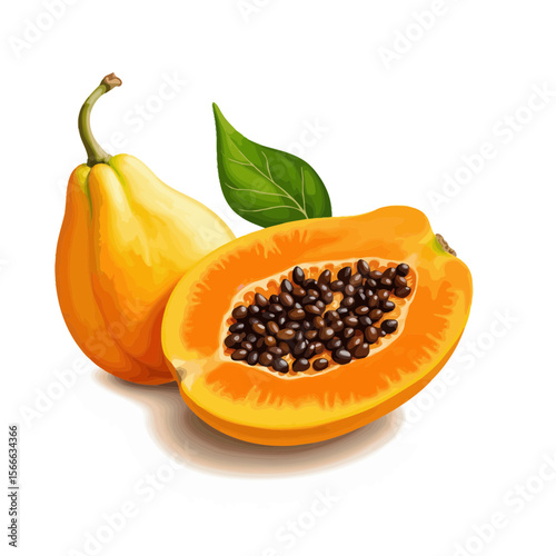 Ripe papaya fruit with seeds and green leaf on white background  