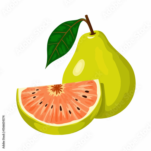 Green pear with a slice revealing juicy pink flesh and seeds  
